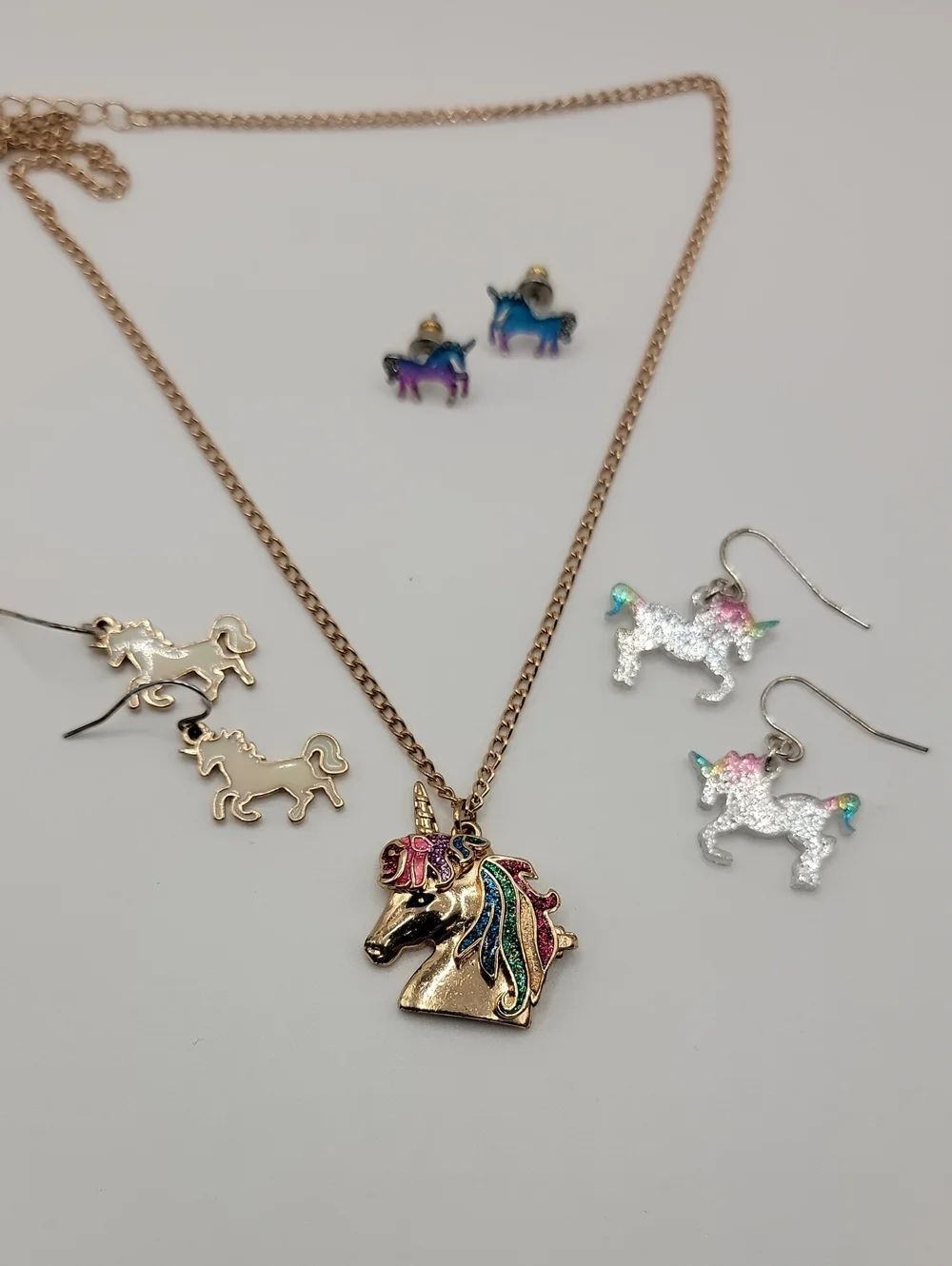 Gold Unicorn Pendant Necklace with Multicolor Sparkle Mane Plus 3 Earrings